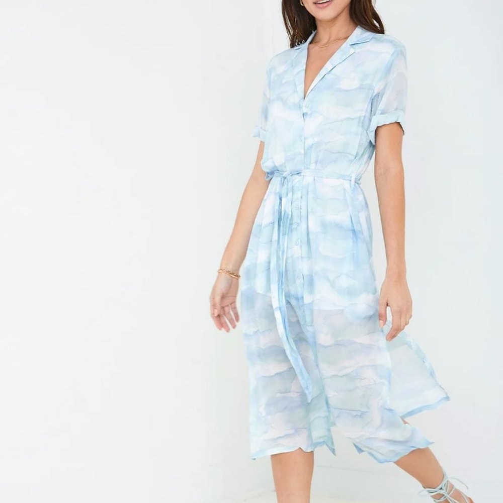 Bella Dahl Short Sleeve Notch Collar Midi Dress In Waves Camo Print - SMALL